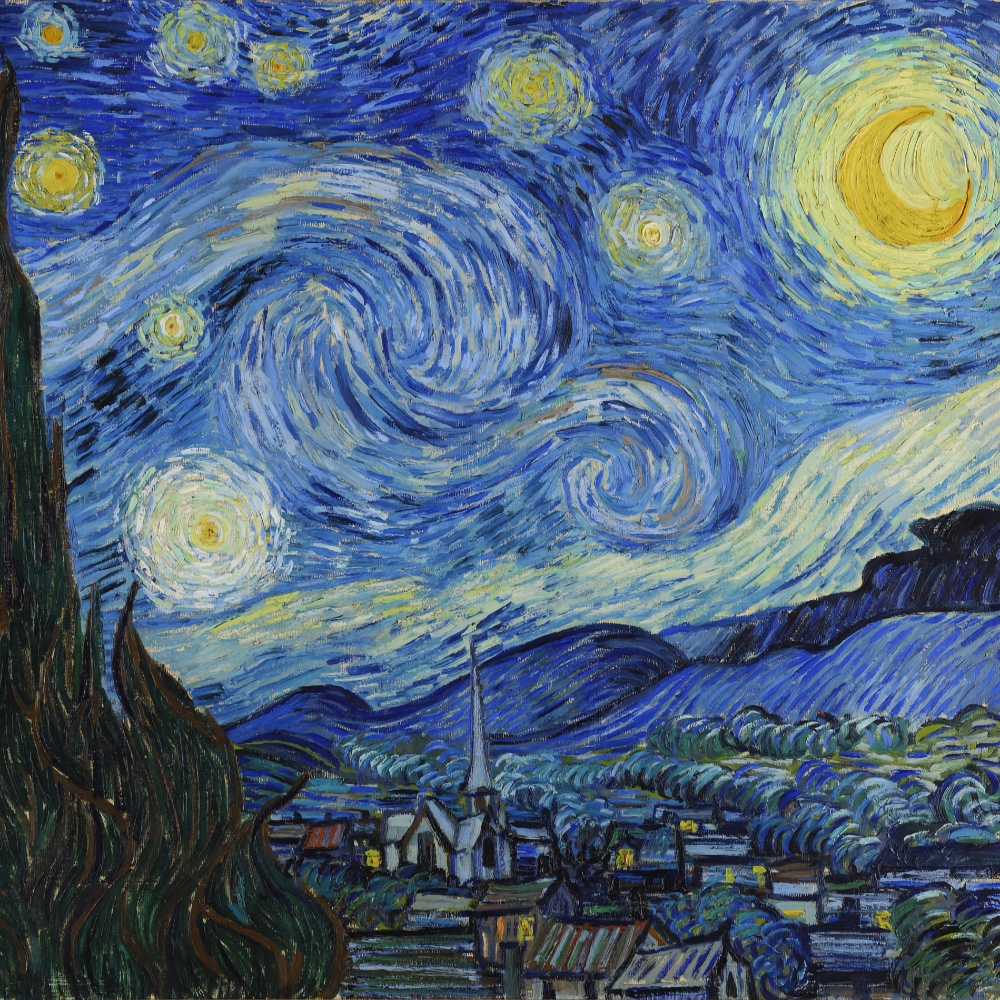 Square crop of Vincent Van Gogh’s Post-Impressionist oil on canvas painting “The Starry Night” from 1889.