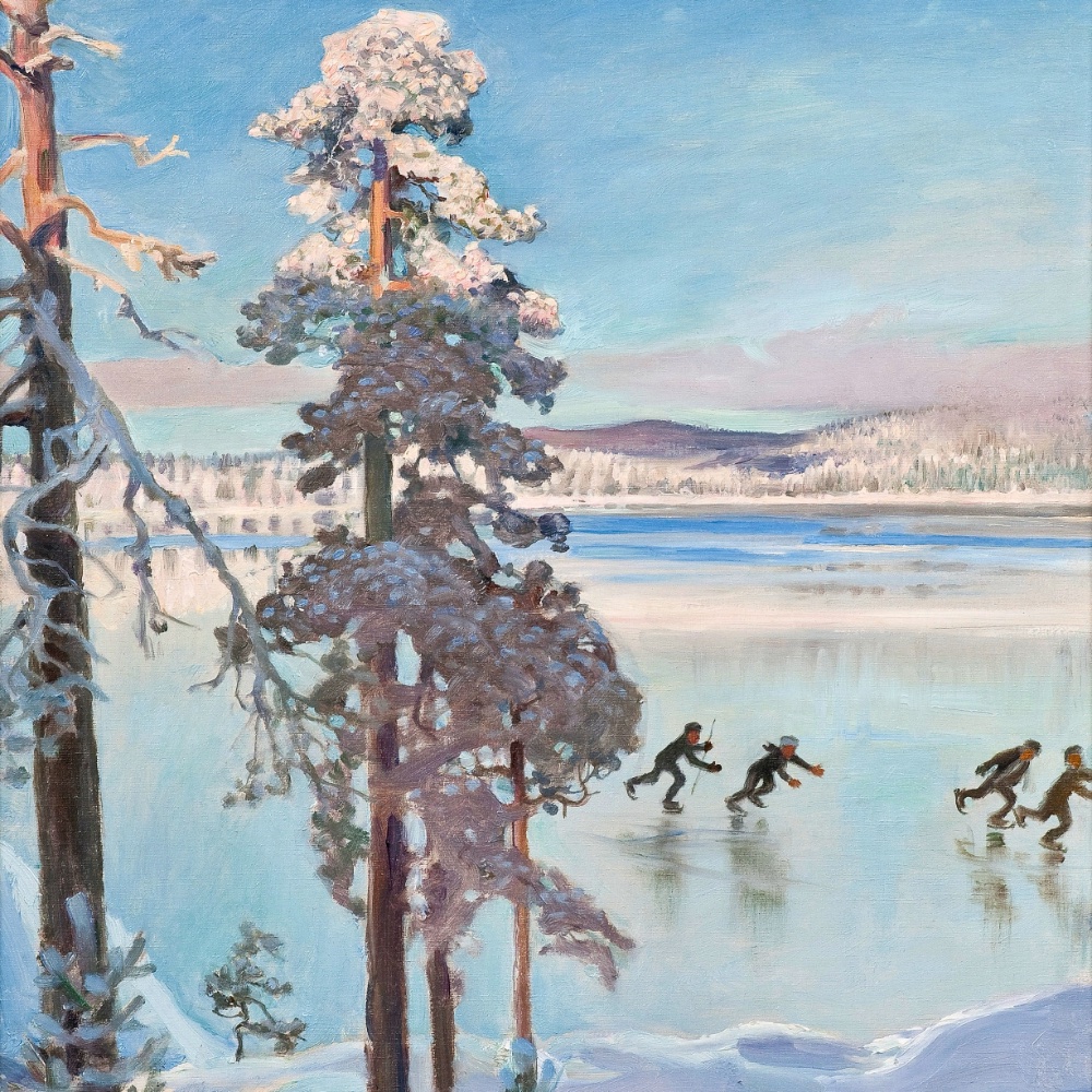 Square crop of Akseli Gallen-Kallela’s oil on canvas painting “ Skaters near the Shore of Kalela” from 1896.