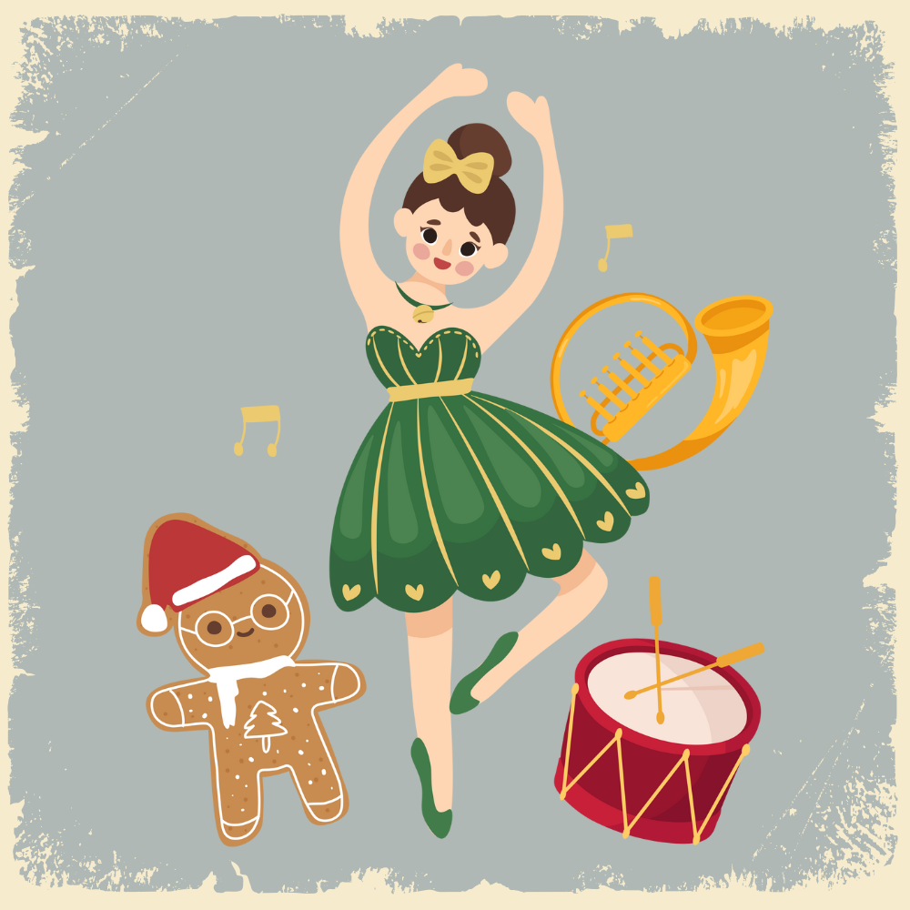 Colourful cartoon dancer surrounded by a gingerbread man with a Santa hat, a drum and some kind of brass instrument