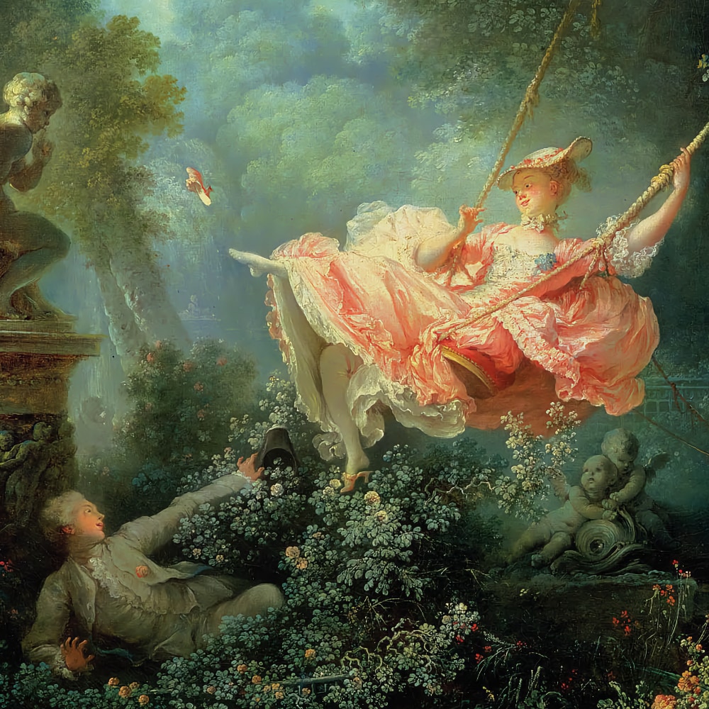 Square crop of Jean-Honoré Fragonard’s oil on canvas painting “The Swing” from 1767.